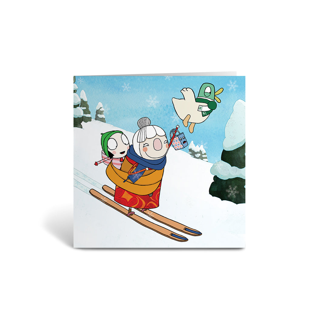 Sarah and Duck Skiing Square Greeting Card