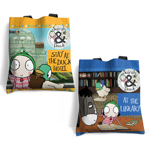 Official Sarah & Duck Dual-Design Tote Bag | ‘Duck Hotel’ & ‘Library’ 100% Cotton Shopper