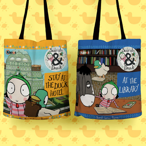 Official Sarah & Duck Dual-Design Tote Bag | ‘Duck Hotel’ & ‘Library’ 100% Cotton Shopper