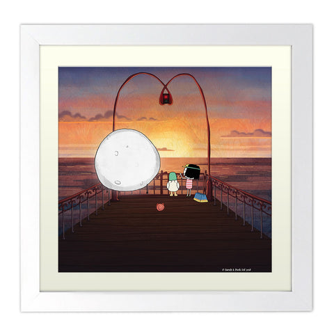 Sarah & Duck on the Pier Square White Framed Print