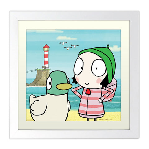 Sarah & Duck at the Beach Square White Framed Print