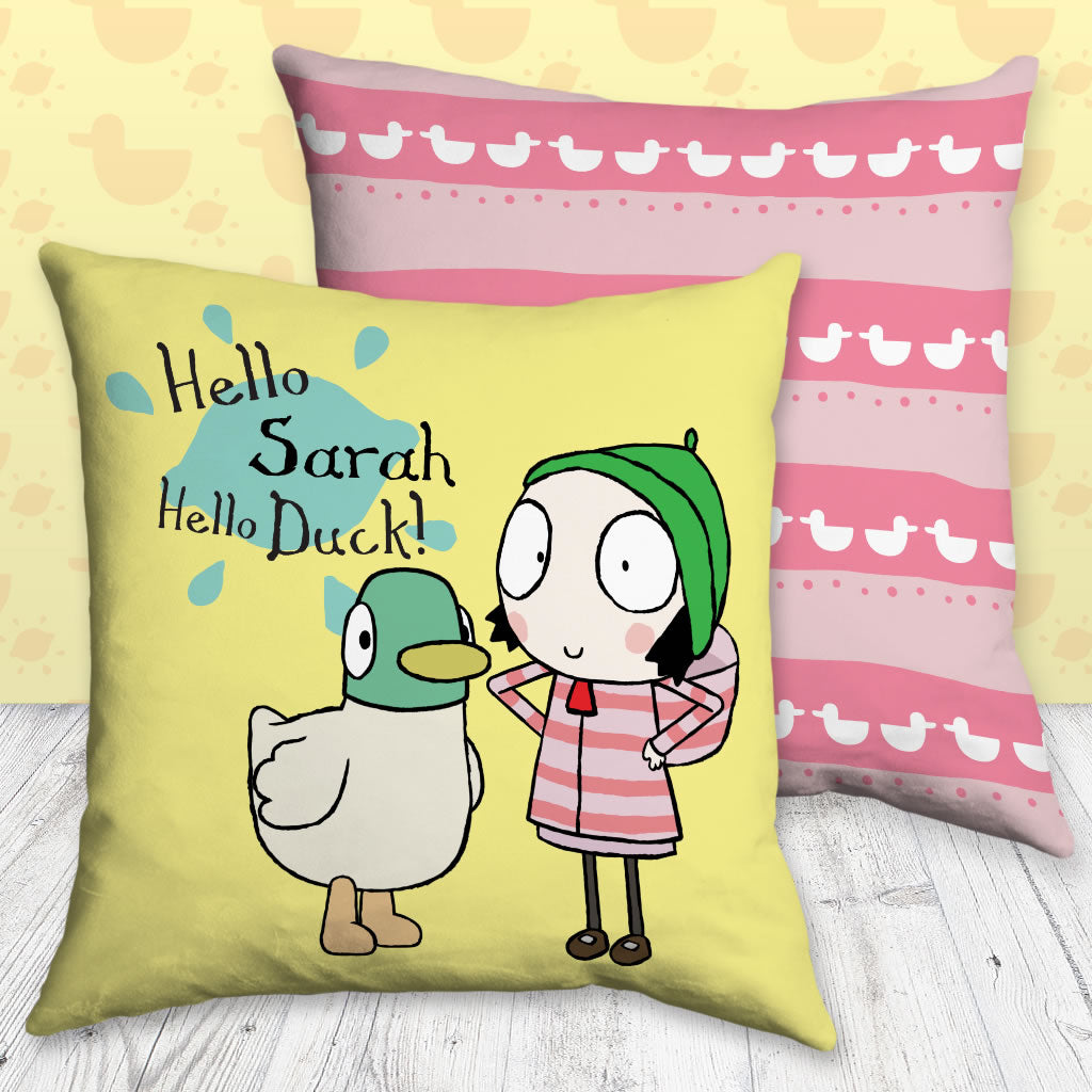 Hello Sarah Personalised Hello Sarah, Hello Duck! Cushion – Sarah & Duck